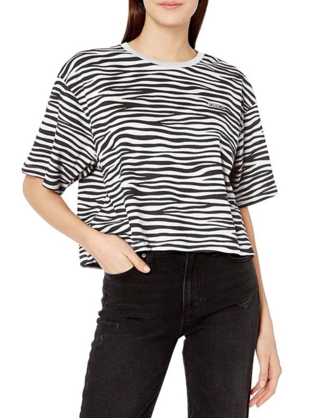 NWT OBEY Feisty Tee Black & White Striped Crop Short Sleeve Tee Size Extra Small